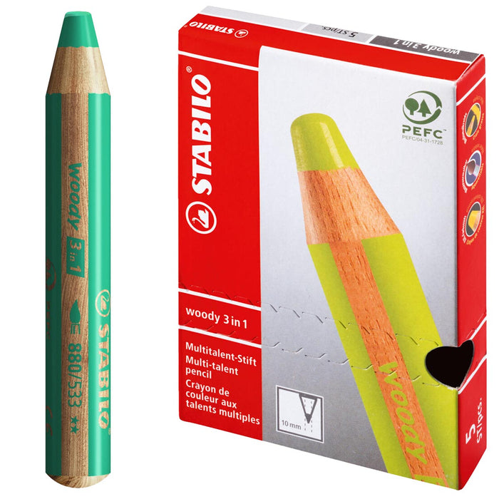STABILO woody 3-in-1 Multi-talented Dark Green Pencil (5 Pack)