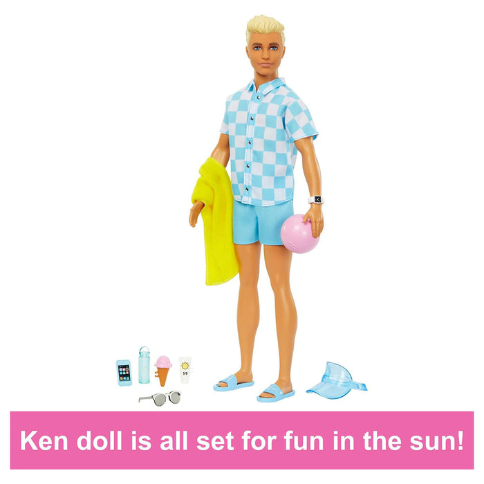 Blonde Ken Doll with Swim Trunks and Beach-Themed Accessories 