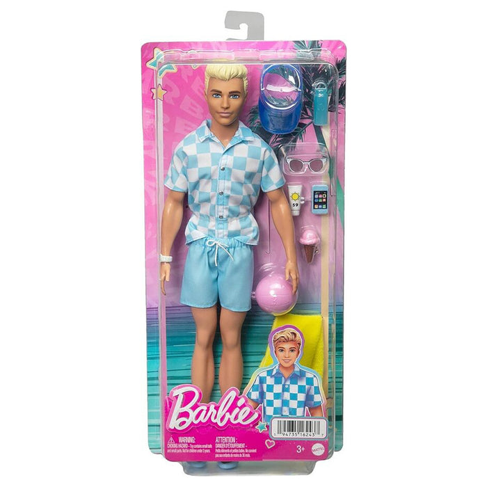 Blonde Ken Doll with Swim Trunks and Beach-Themed Accessories 