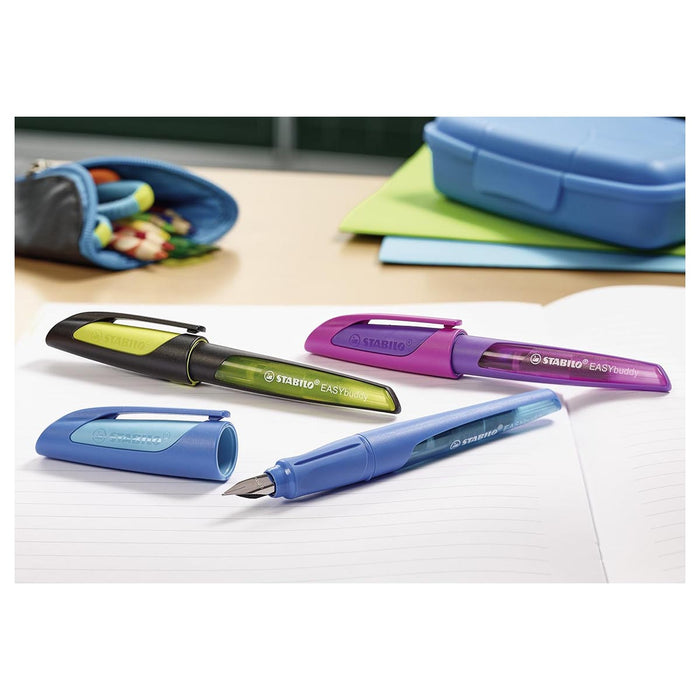 STABILO EASYbuddy Ergonomic Refillable School Fountain Pen 'L' Nib Black and Lime Left Handed Grip
