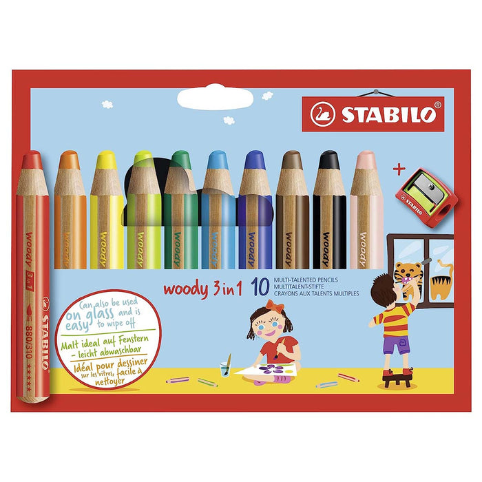 STABILO woody 3 in 1 Multi-talented Pencils + Sharpener (10 Pack)