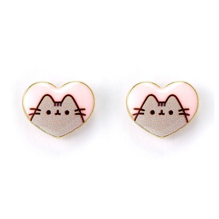 Pusheen the Cat Pink Enamel and Gold Heart Stud Earrings