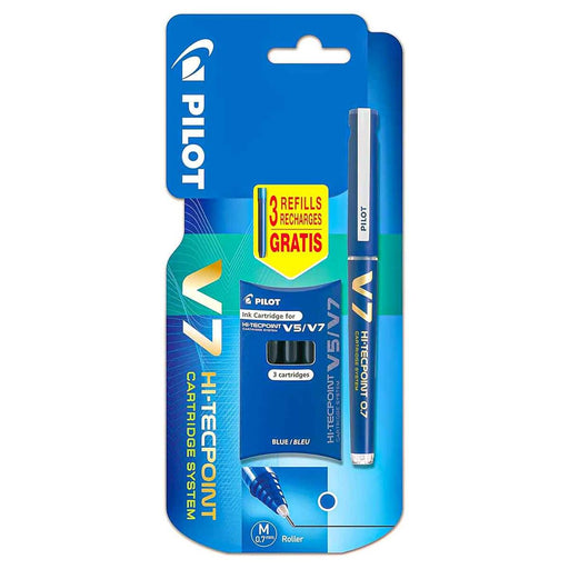 Pilot V7 Hi-Tecpoint Cartridge System Roller Pen with 3 Blue Ink Refills