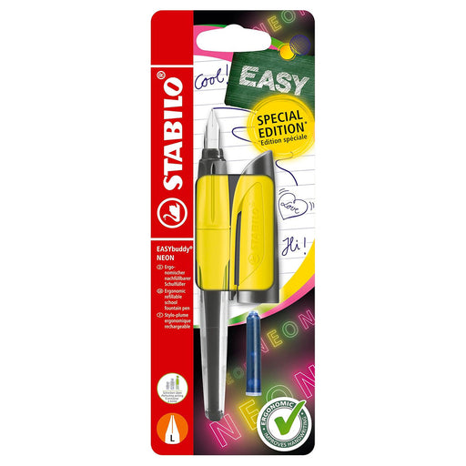 STABILO EASYbuddy NEON Yellow Left-Handed Fountain Pen with Blue Ink Cartridge