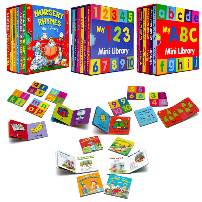 Nursery Rhymes - My 123 - My ABC - Mini Library Board Books (3 Sets of 6)