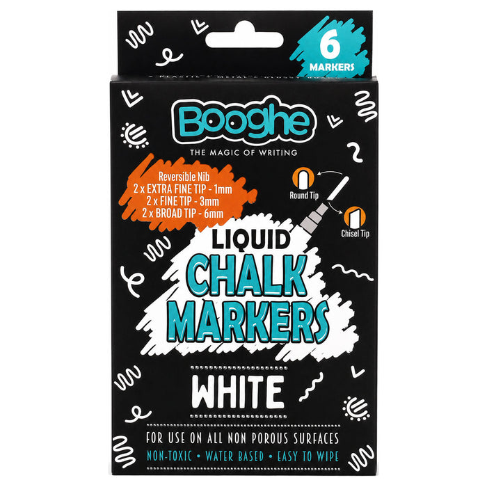 White Chalk Markers Pack of 6 with 2x Extra Fine 1mm, x2 Fine 3mm, 2x Broad Tip