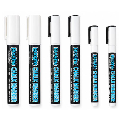 White Chalk Markers Pack of 6 with 2x Extra Fine 1mm, x2 Fine 3mm, 2x Broad Tip