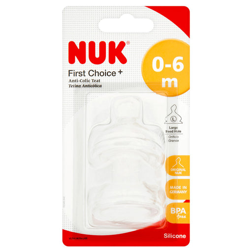 NUK First Choice+ Anti-Colic Silicone Teat Size 1 Large Hole 0-6m Pack of 2