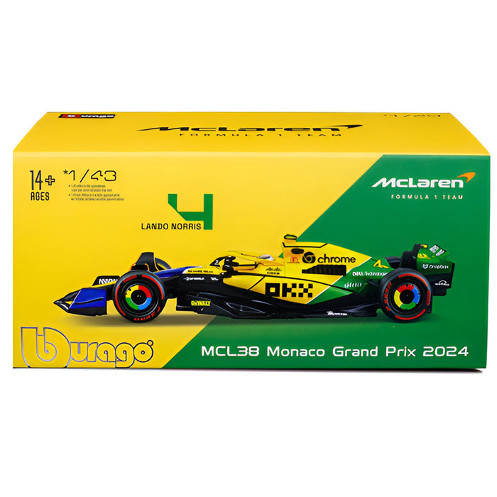 Bburago McLaren F1 MCL38 Monaco Grand Prix 2024 Lando Norris 1:43 Race Car