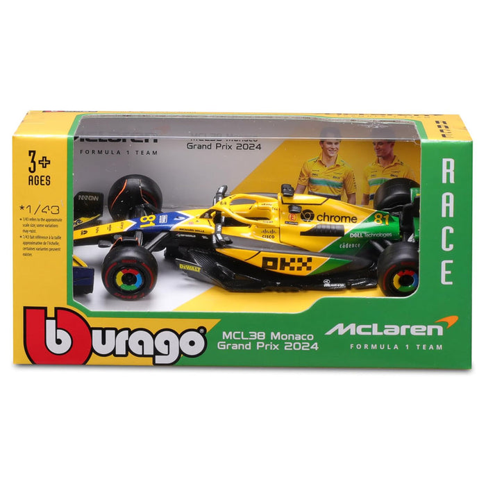 Bburago McLaren Formula 1 MCL38 Monaco Grand Prix 2024 Piastri with Senna Livery Race Car
