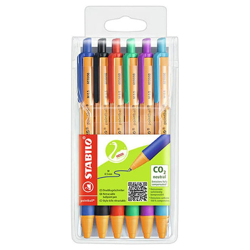 STABILO pointball Retractable Ballpoint Blue Black Red Green Turquoise, and Lilac Pens (6 Pack)