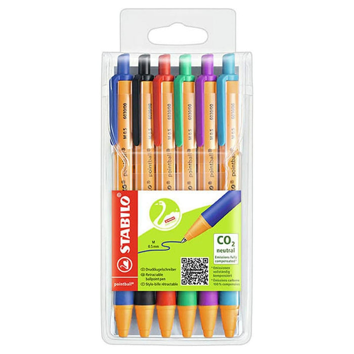 STABILO pointball Retractable Ballpoint Blue Black Red Green Turquoise, and Lilac Pens (6 Pack)