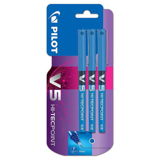 Pilot V5 Hi-Tecpoint M 0.5 Blue Rollerball Pen (3 Pack)