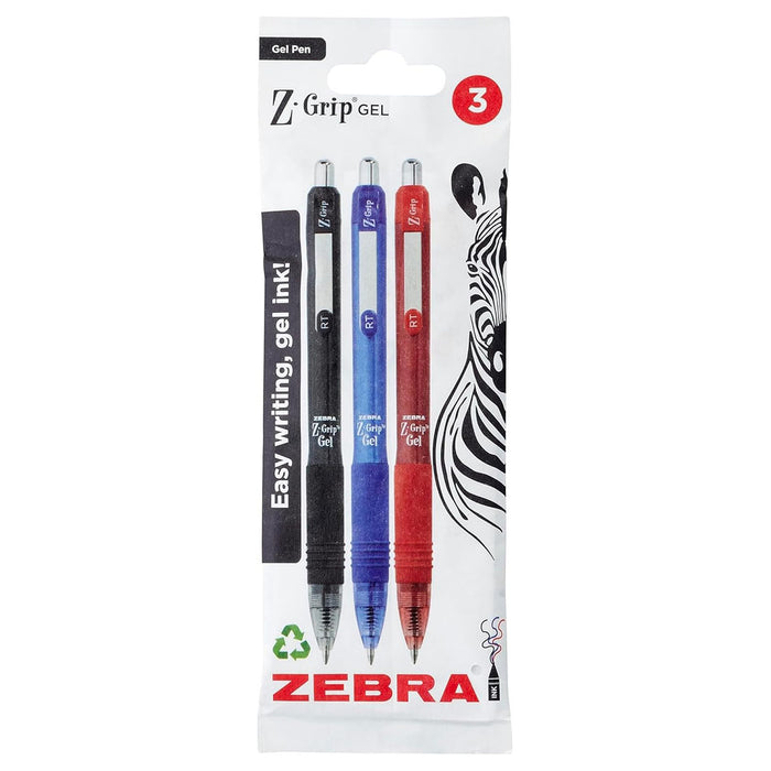 Zebra Z-Grip Gel Pen Black, Blue, Red Ink - 3 Pack