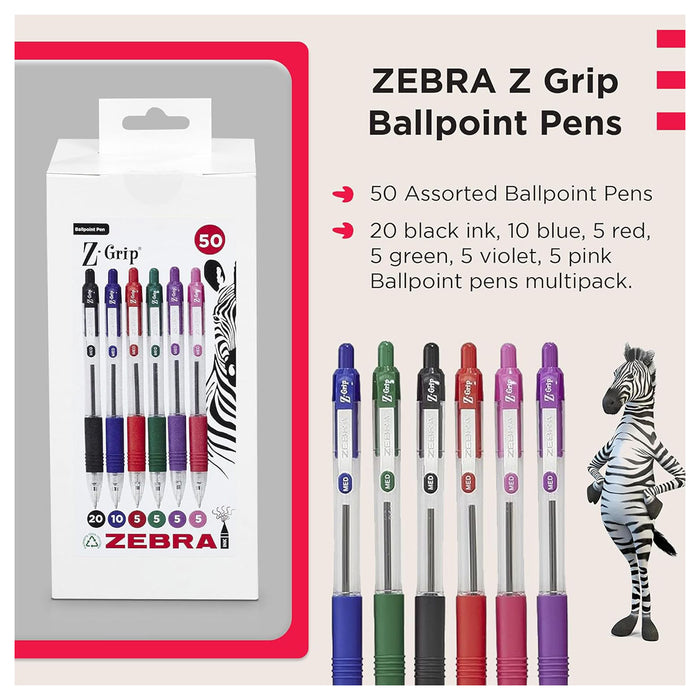 Zebra Pens Z-Grip Ballpoint Assorted Ink 50 Pack 