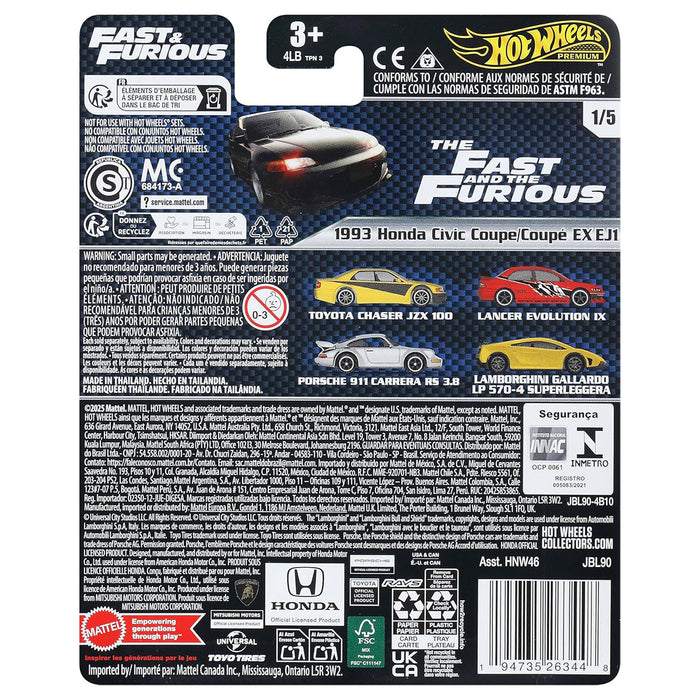Hot Wheels Premier Fast & Furious: 1993 Honda Civic Coupe EXEJ1 1:64 Scale Car (1/5)