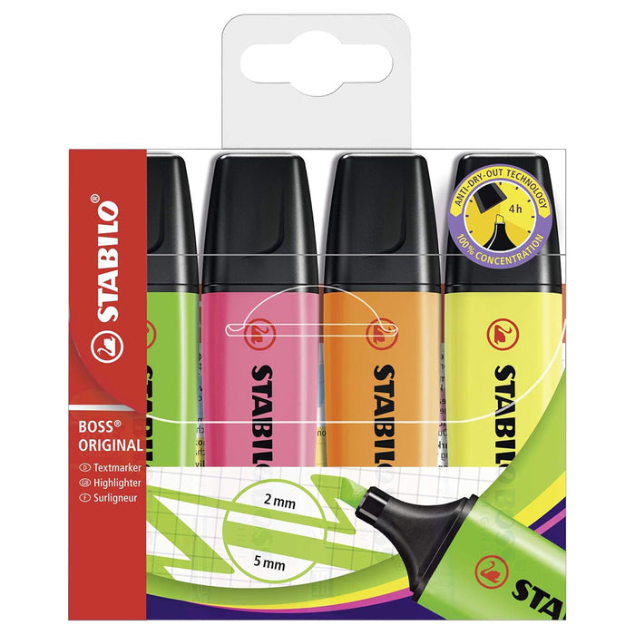 STABILO BOSS ORIGINAL Assorted Colours Highlighters (4 Pack)