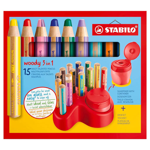 STABILO woody 3 in 1 Deskset with 15 Multi-Talented Pencils and Sharpener with Container