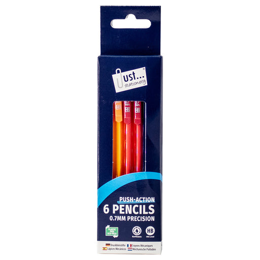 Just Stationery Push-Action Mechanical Pencils with Eraser Tips (6 Pack)