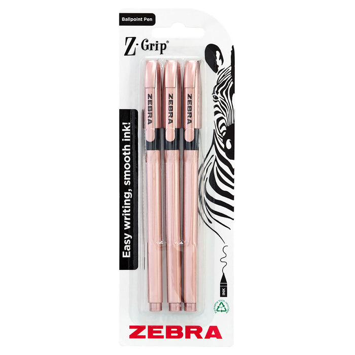 Zebra Pen Z-Grip Basics Rose Gold Black Ink 3pk