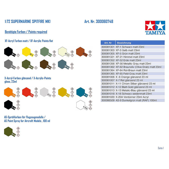 Tamiya Supermarine Spitfire Mk.1 1/72 Model Kit