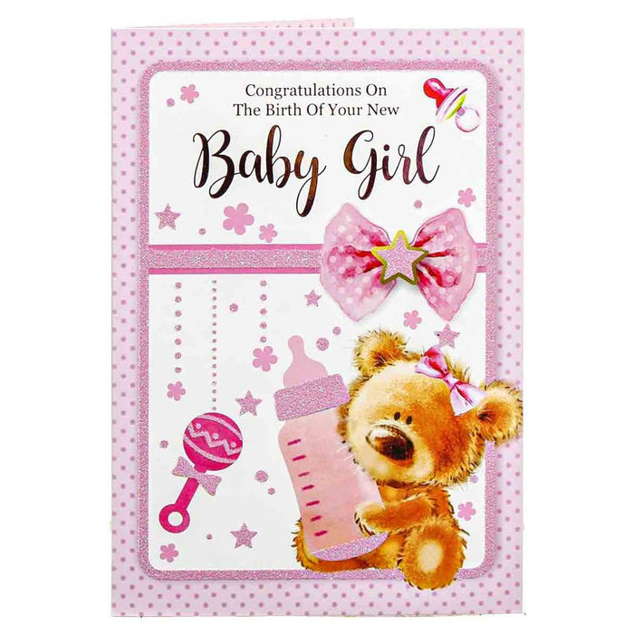 New Baby Girl 'Teddy Bear with Baby Bottle' Greetings Card
