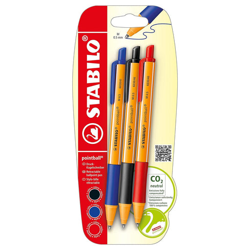 STABILO pointball Retractable Ballpoint Blue Black and Red Pens (3 Pack)