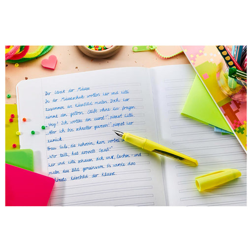 STABILO EASYbuddy NEON Yellow Left-Handed Fountain Pen with Blue Ink Cartridge