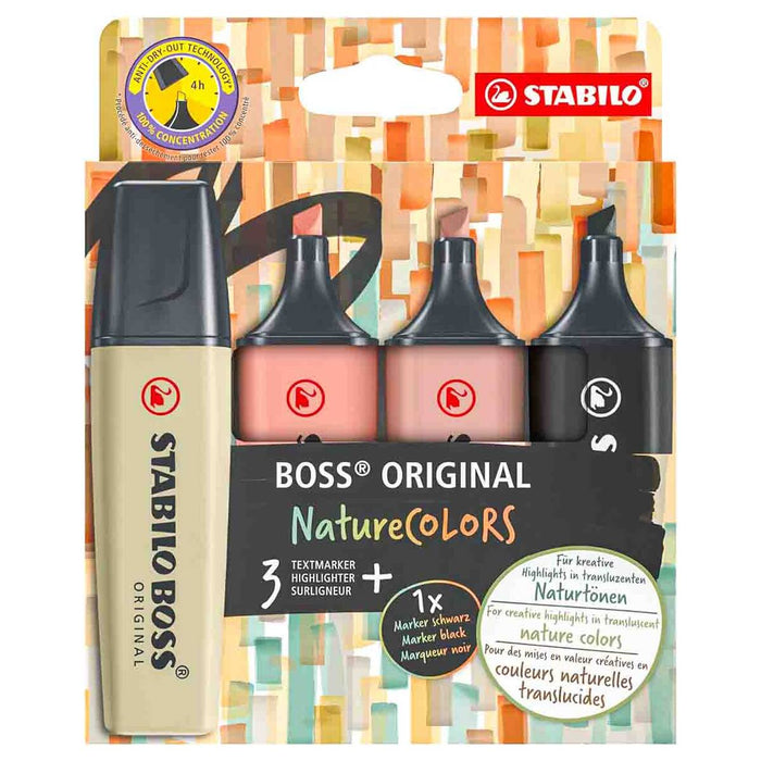 STABILO BOSS ORIGINAL NatureCOLORS Textmarker Mud Green, Sienna, Umber, Black (4 Pack)