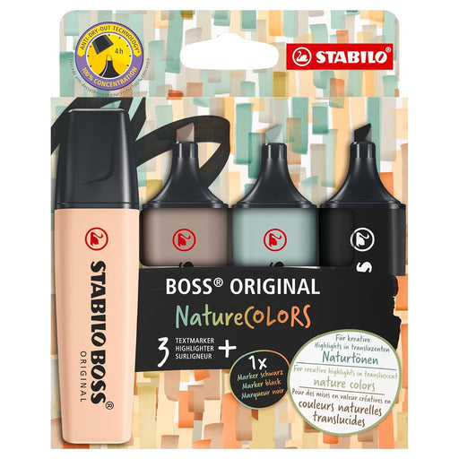STABILO BOSS ORIGINAL NatureCOLORS Textmarker Beige, Warm Grey, Earth Green, Black (4 Pack)