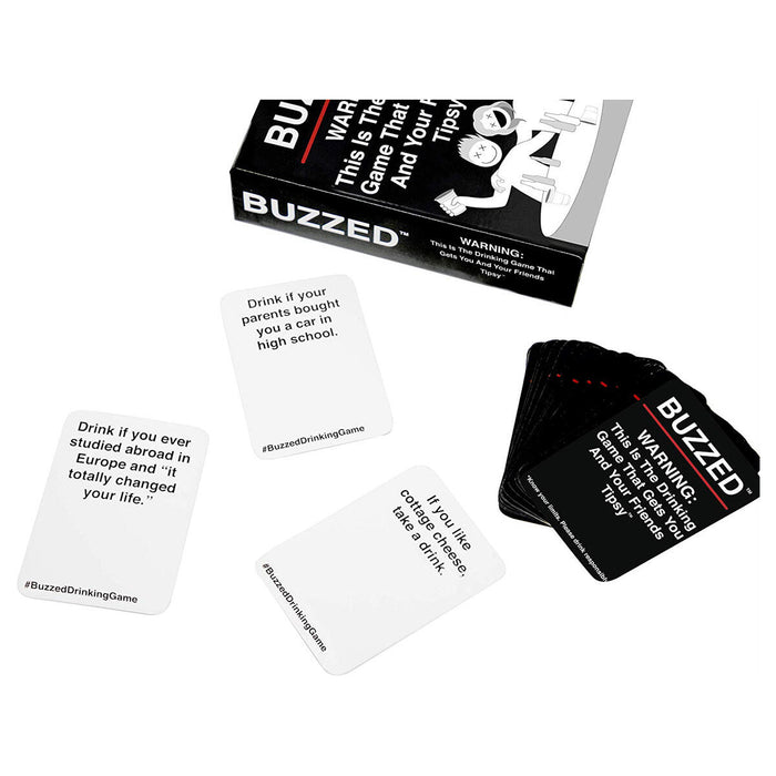 Black Buzzed card game and packaging, with white and black cards