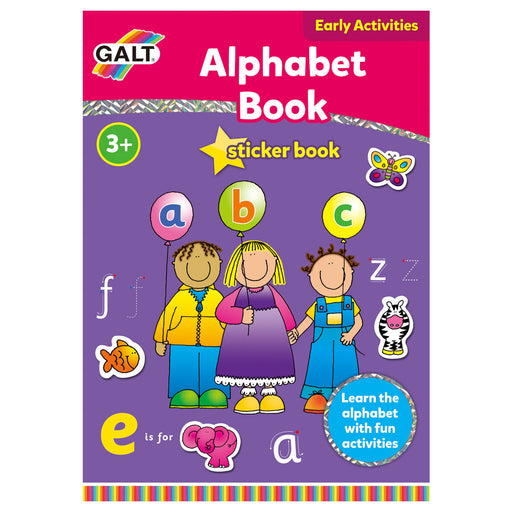 Galt Alphabet Sticker Book front page with purple and pink background and animated characters with alphabet balloons 