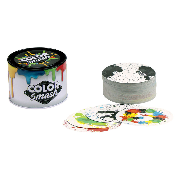 Colour smash cards next to colourful tin