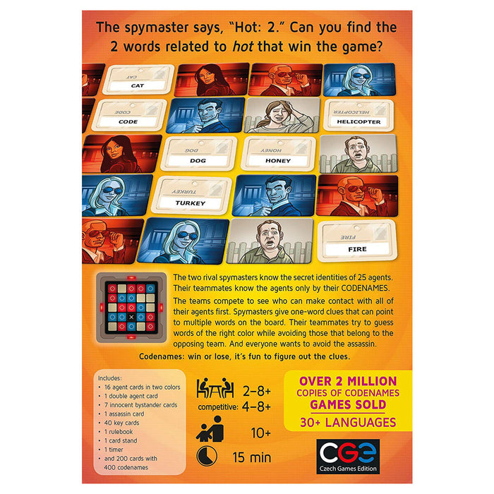 Codenames card game back of packaging box with text and images with orange background