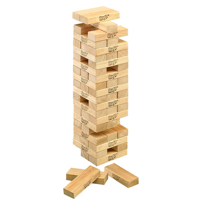 Jenga game with brick tower and individual blocks 