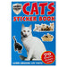 Cats Sticker Book with blue background and red text, with white cat photo 