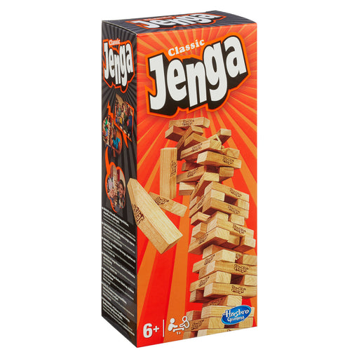 Jenga blocks cardboard box in orange with white logo
