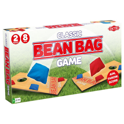 Bean bag game in cardboard box, with blue and red images and branding