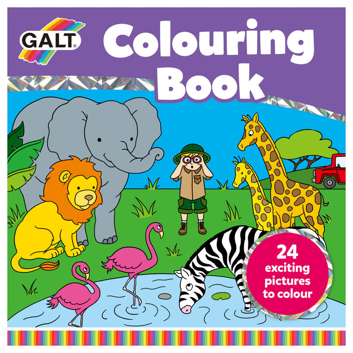 Colourful colouring book front page of jungle scene with colourful animals and safari person 