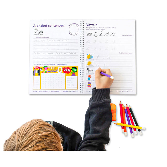 Love Writing Co. Handwriting and Sentence Practice Stage 2 Book 1 & Pencils Kit Age 6-9