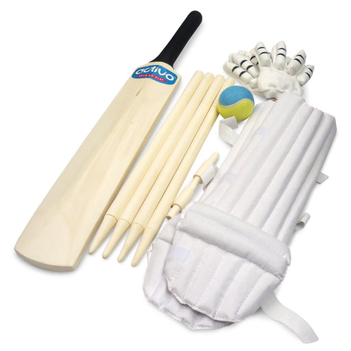 Cricket playing set with cricket bat, gloves and knee pads, and accessories