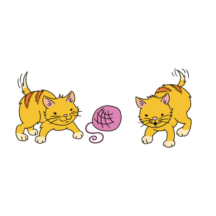 Cartoon style yellow and ginger cats playing with pink knitting ball 