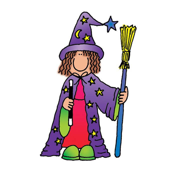 Sticker of cartoon witch in purple outfit with broom 