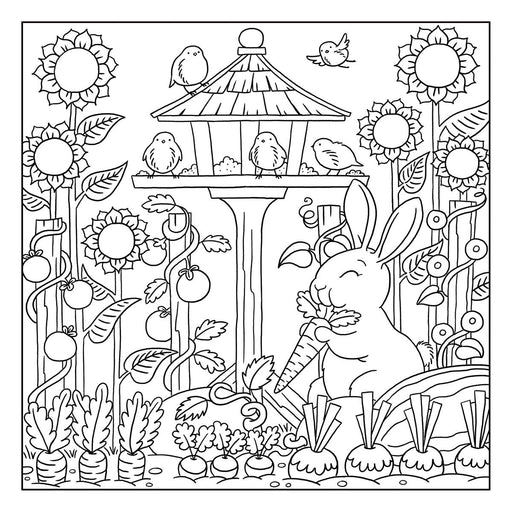 Drawn colouring book page with black and white, ready to be coloured in, of garden scene with rabbit