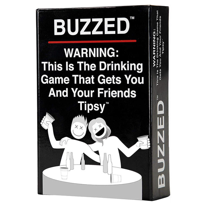 Buzzed card game in black cardboard box with people icon and text 