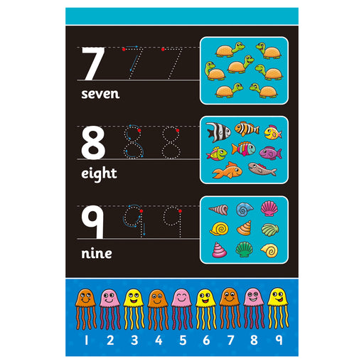 Chalk book with 7,8,9 numbers with blue fish cartoon images and black chalkboard to write on