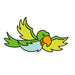 Cartoon bird flying in green and with an orange beak