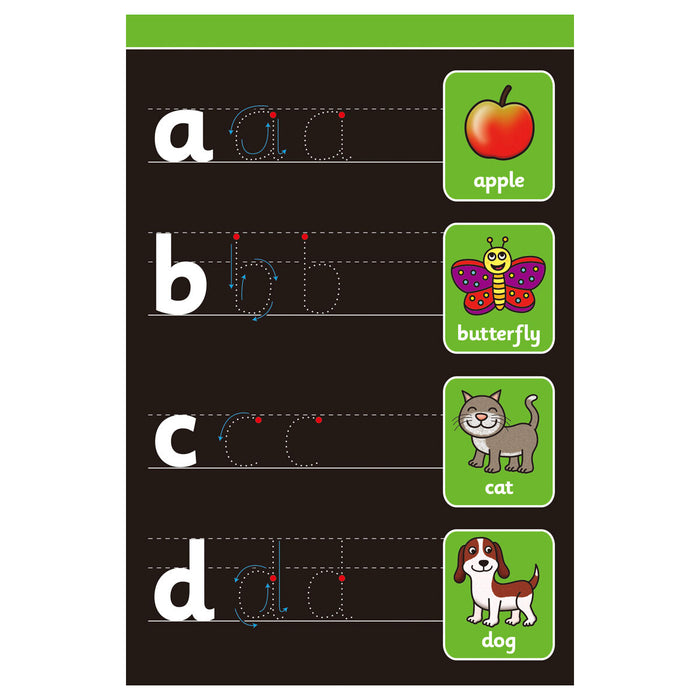 Chalk book page with a,b,c and d to trace over, with cartoon images of animals and fruit 