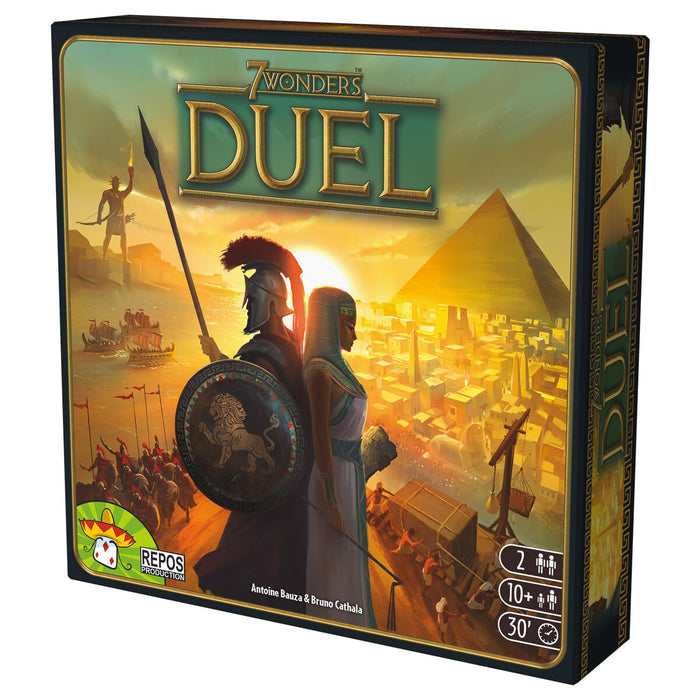 Box packaging of Duel game with image of pyramid and Spartan fighter 