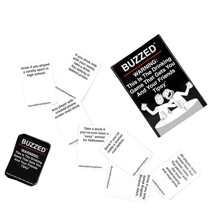 Buzzed black box with white playing cards with black text 